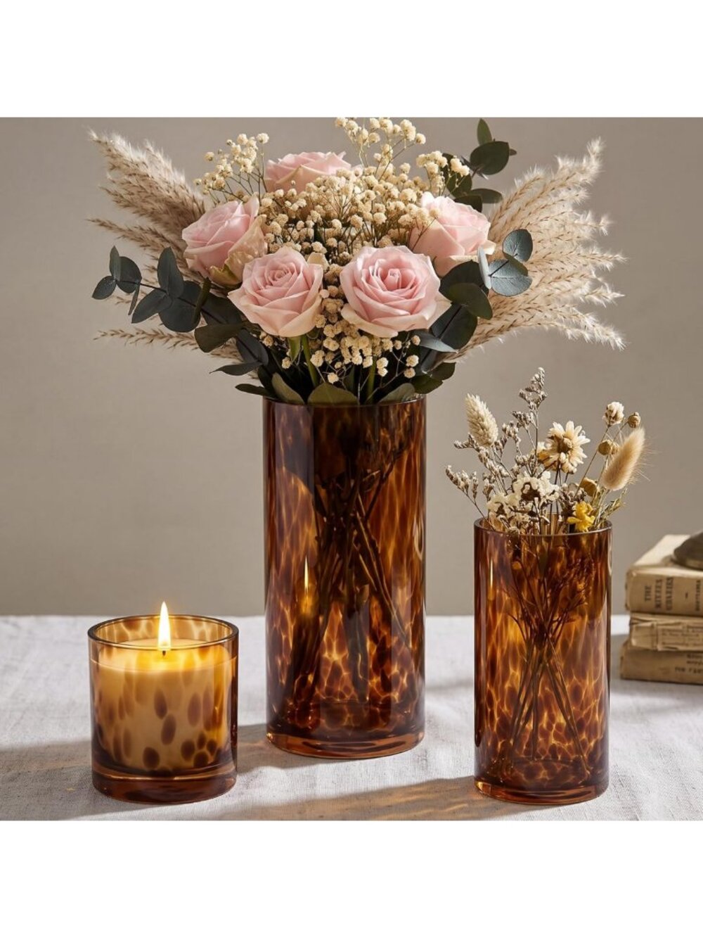 Tortoise Shell Glass Vase & Amber Candle Holder Set - 3 Piece Home Decor Kit